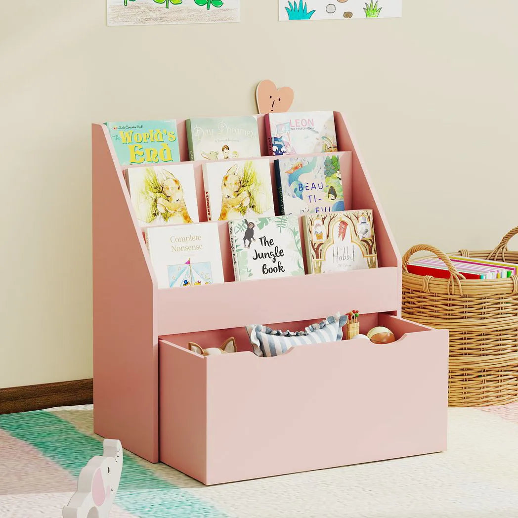 AIYAPLAY Kids Bookcase with 3 Shelves and Wheeled Drawer – Anti-Tip Playroom Storage for Ages 3–8, Pink