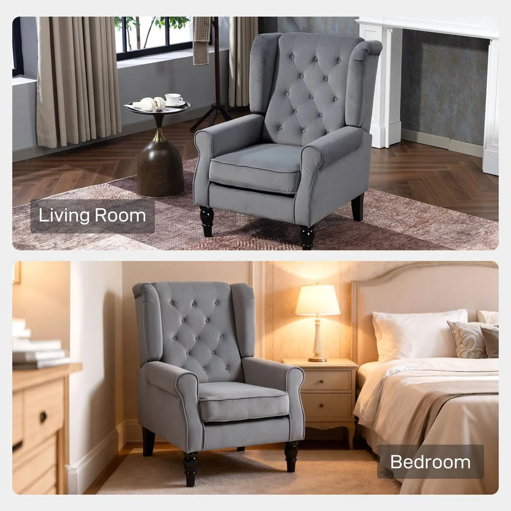 HOMCOM Retro Wingback Accent Chair with Button Tufting & Pocket Springs – Occasional Chair, Light Grey