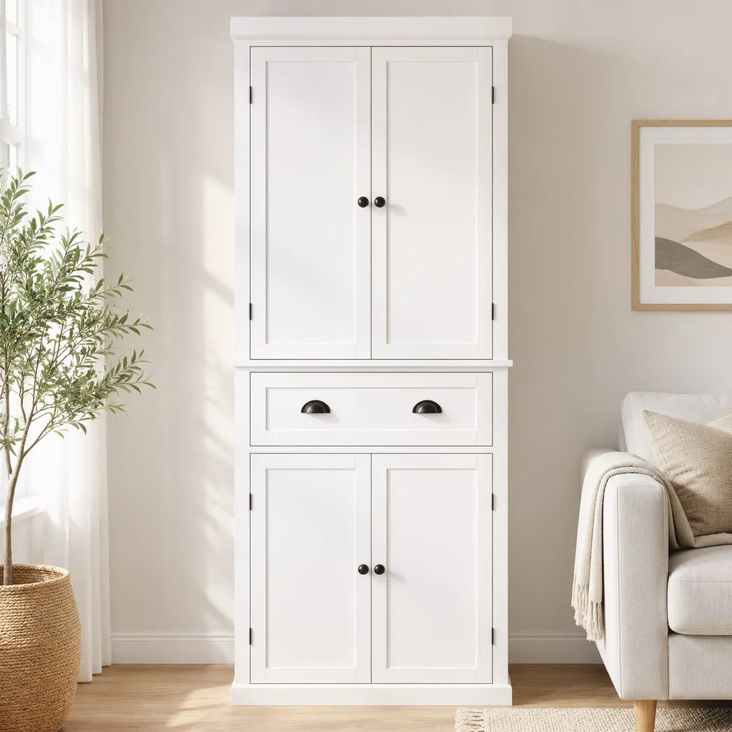 HOMCOM 183 cm Tall Kitchen Cupboard with Drawer, 4 Doors and Adjustable Shelves – Farmhouse White