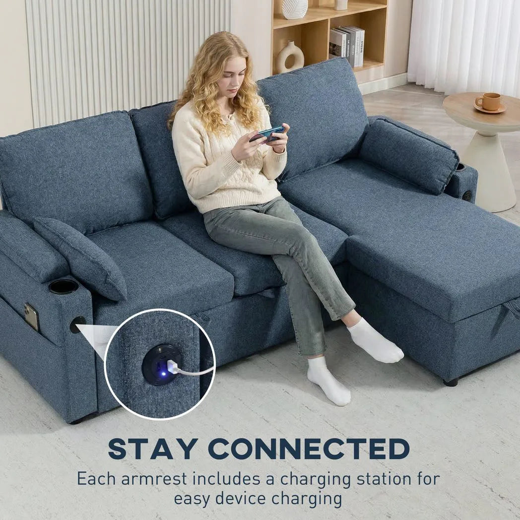 HOMCOM Corner Sofa Bed with Reversible Storage Chaise and USB Charging – L Shaped Sleeper, Blue