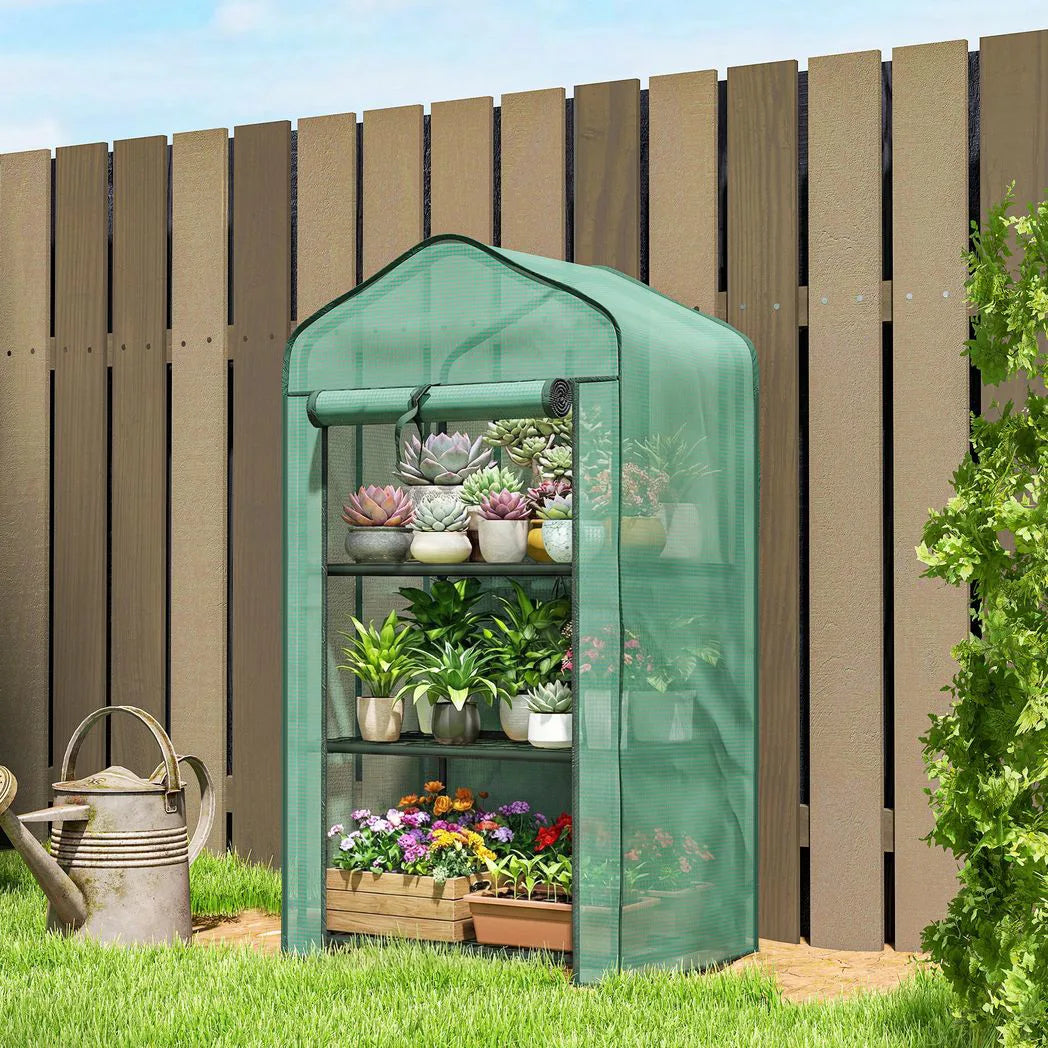 Outsunny Three-Tier Mini Greenhouse with Steel Frame, PE Cover & Roll-Up Door – Portable, Green