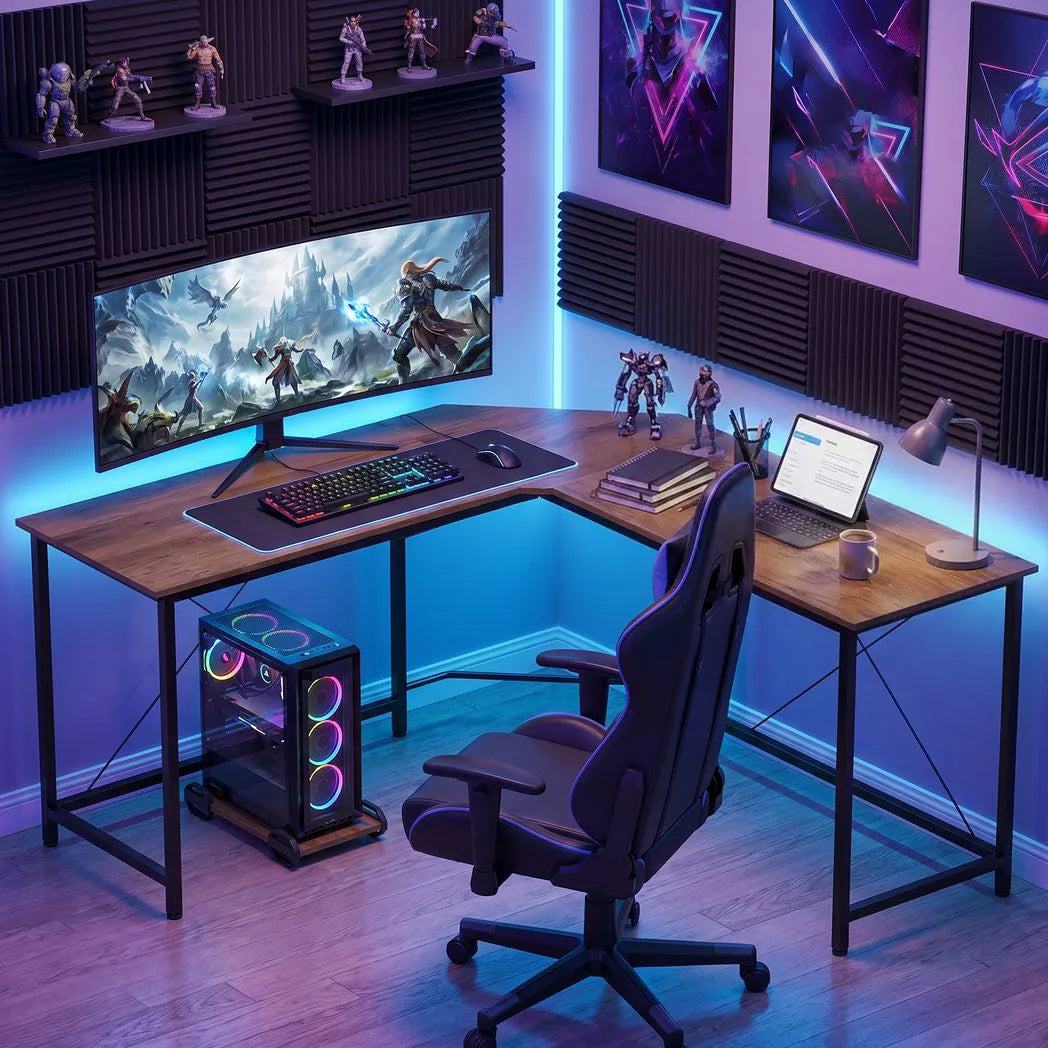 HOMCOM L-Shaped Corner Computer Desk with 3 Worktops, Wood-Effect Top – Home Office Gaming Workstation