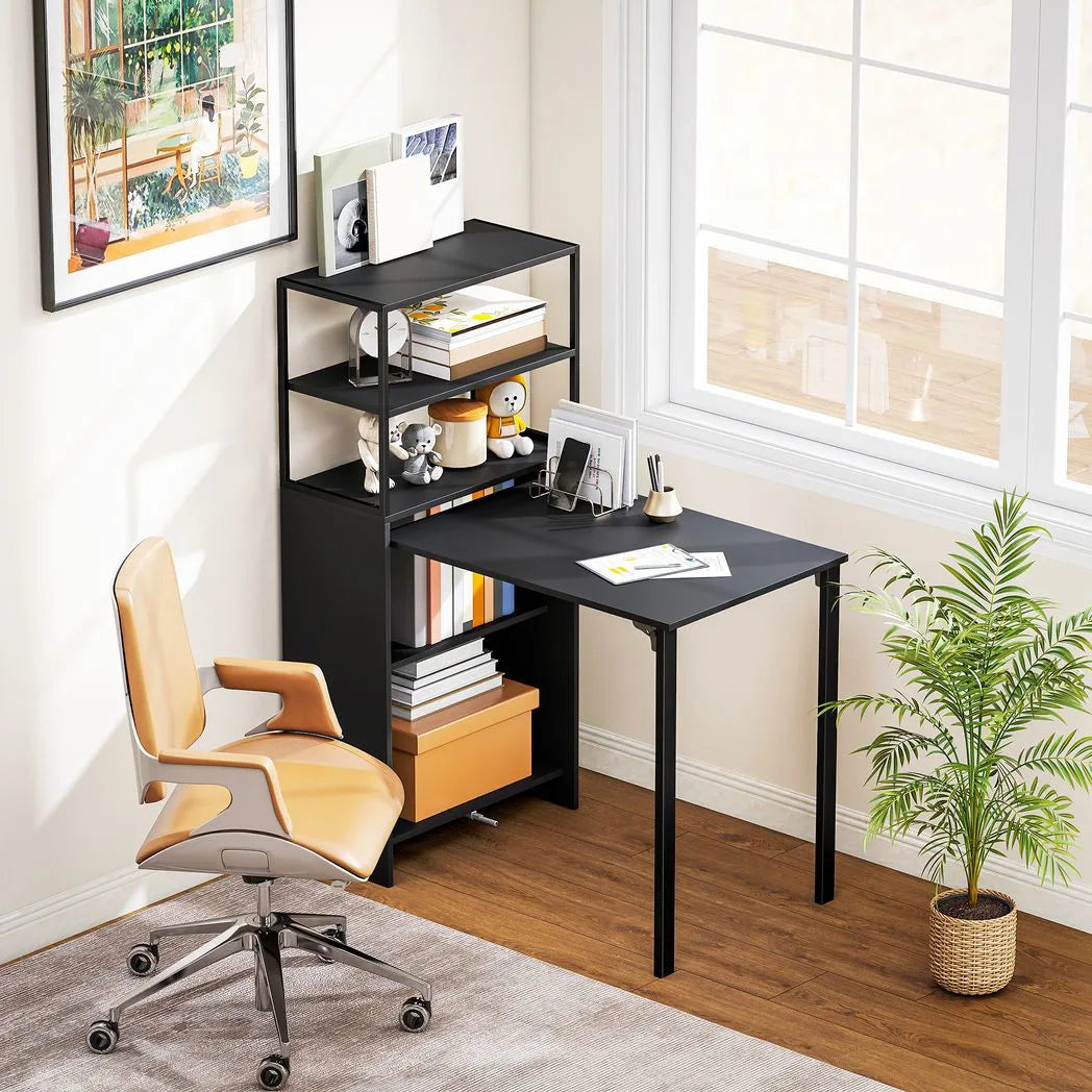 HOMCOM Folding Shelf and Work Table – 2-in-1 4-Tier Bookshelf and Desk with Steel Frame, Space-Saving, Black