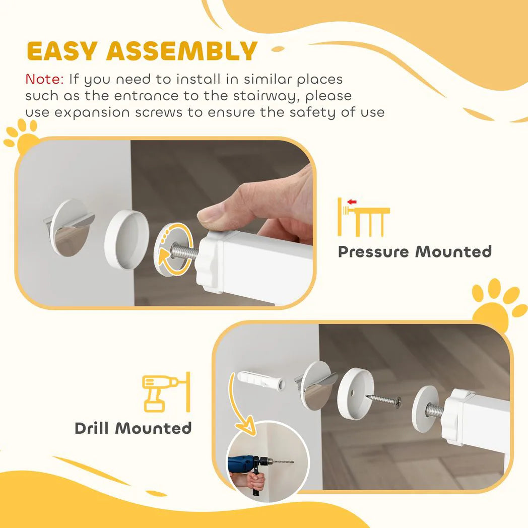 PawHut Adjustable Pet Gate with Four-Way Cat Flap – Pressure Fit Barrier for Doorways, 75-85 cm, White