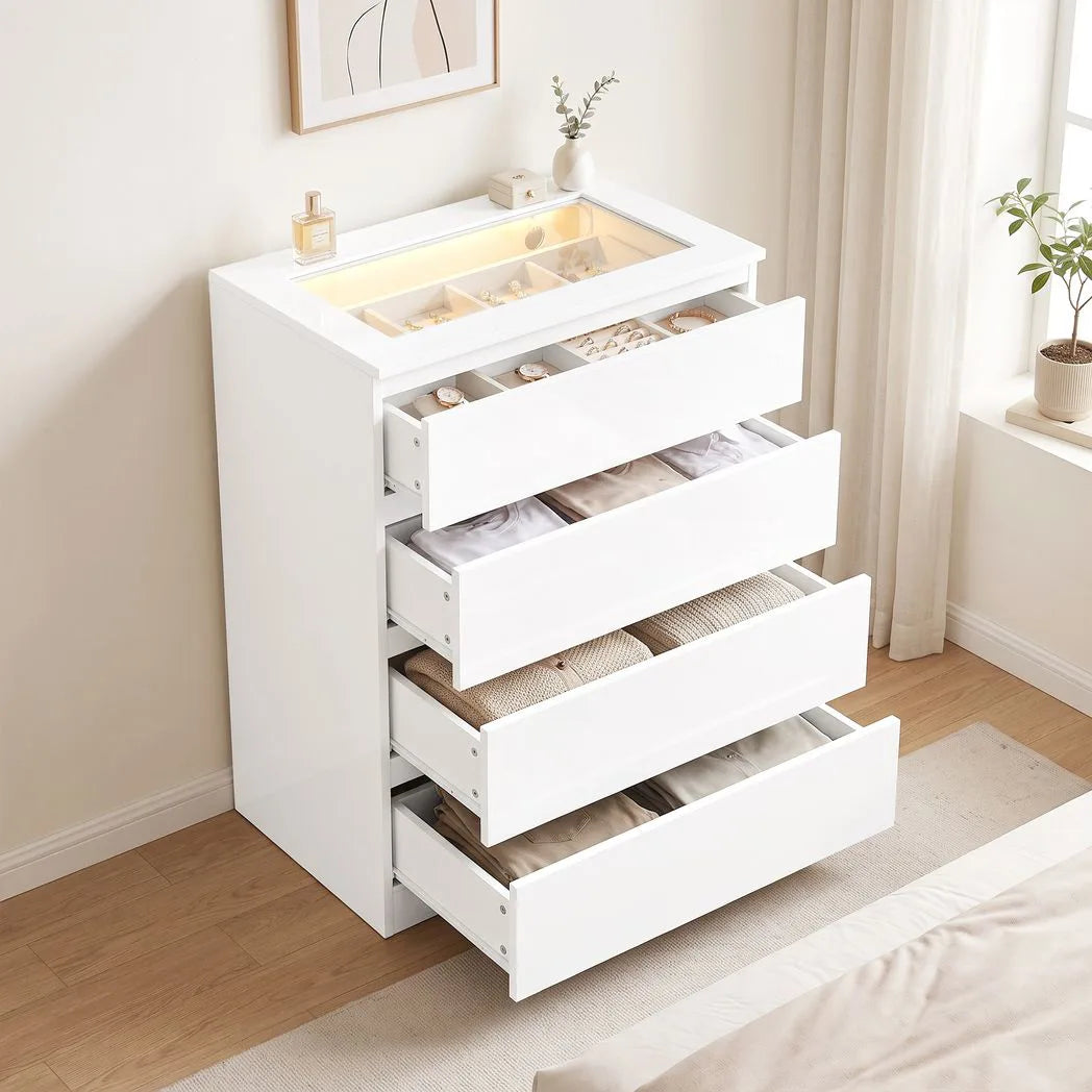 HOMCOM High Gloss 4 Drawer Chest of Drawers with Glass Top and RGB LED Lights, Dresser with Jewelry Organizer, APP Control