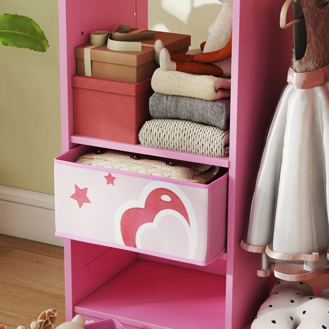 AIYAPLAY Kids Clothes Rail Wardrobe with Mirror, Shelves, Fabric Storage Boxes and Hooks – Bedroom and Nursery Storage, Pink