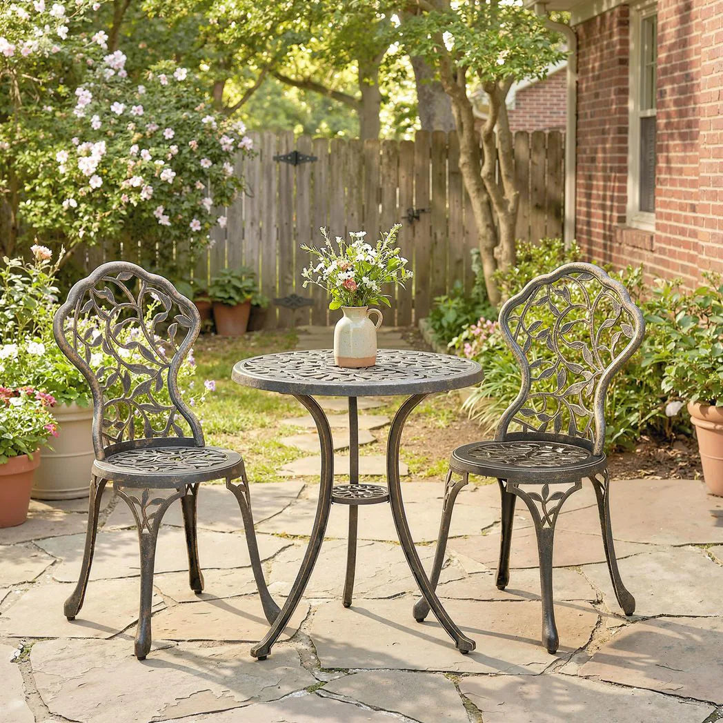 Outsunny 3 Piece Aluminium Bistro Set – Garden Table and 2 Chairs with Floral Cut-Out Design, Brown
