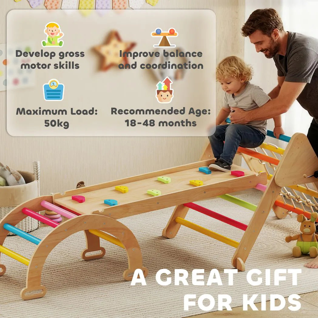 AIYAPLAY 8-in-1 Toddler Climbing Frame with Slide, Arch and Triangle Ladder – Indoor Play Set, Multicolour