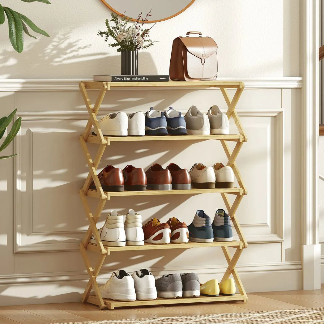HOMCOM 5-Tier Folding Bamboo Shoe Rack – Holds 15 Pairs, No Assembly, Natural