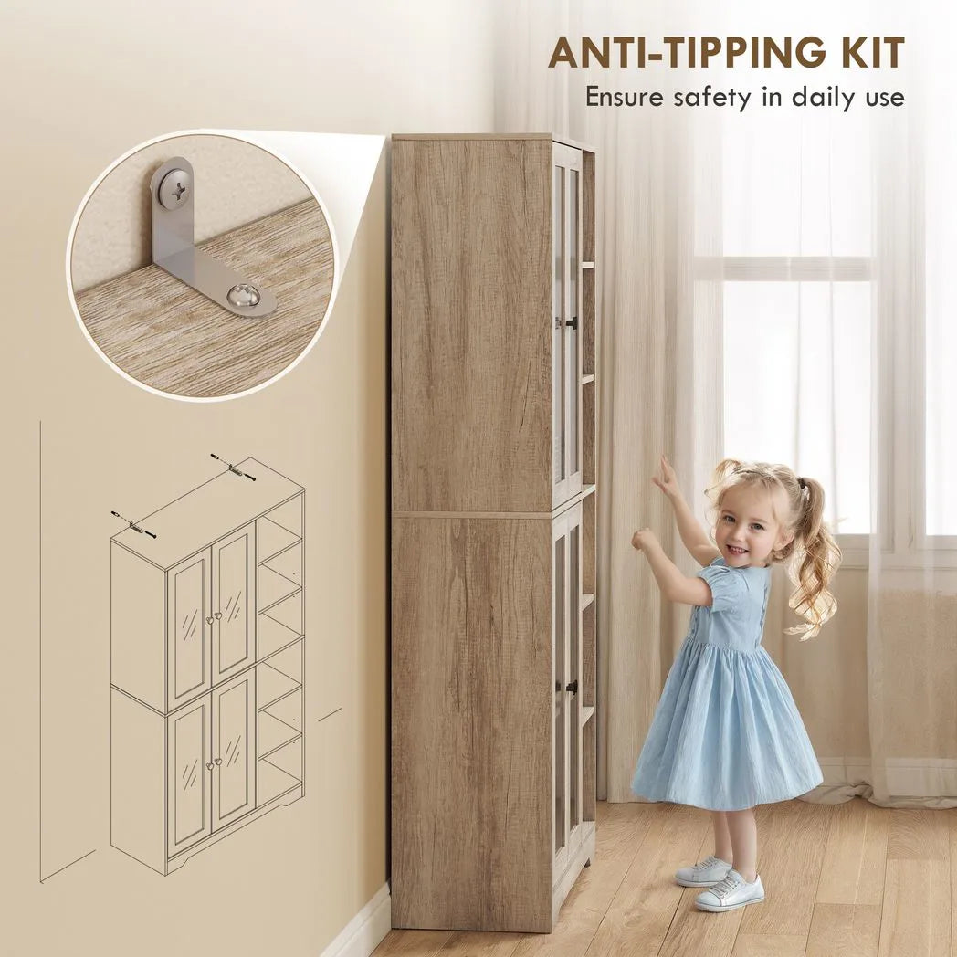 HOMCOM Multi-Storage Kitchen Cabinet with Glass Doors, Soft-Close Hinges and Adjustable Shelves – Grey Wood-Effect