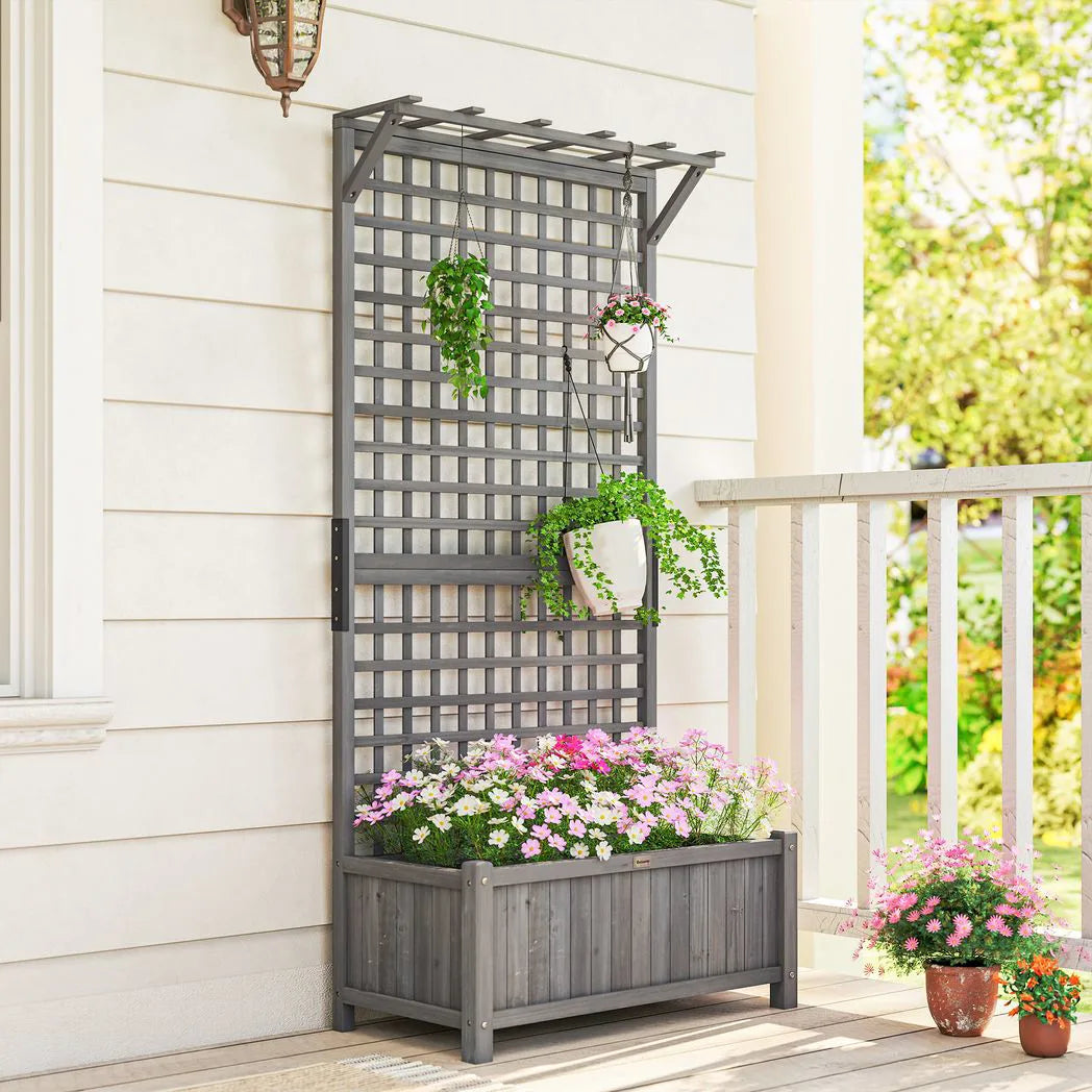 Outsunny Raised Garden Bed with Trellis and Hanging Roof, Fir Wood Planter with Drainage Holes for Vegetables & Flowers, Dark Grey