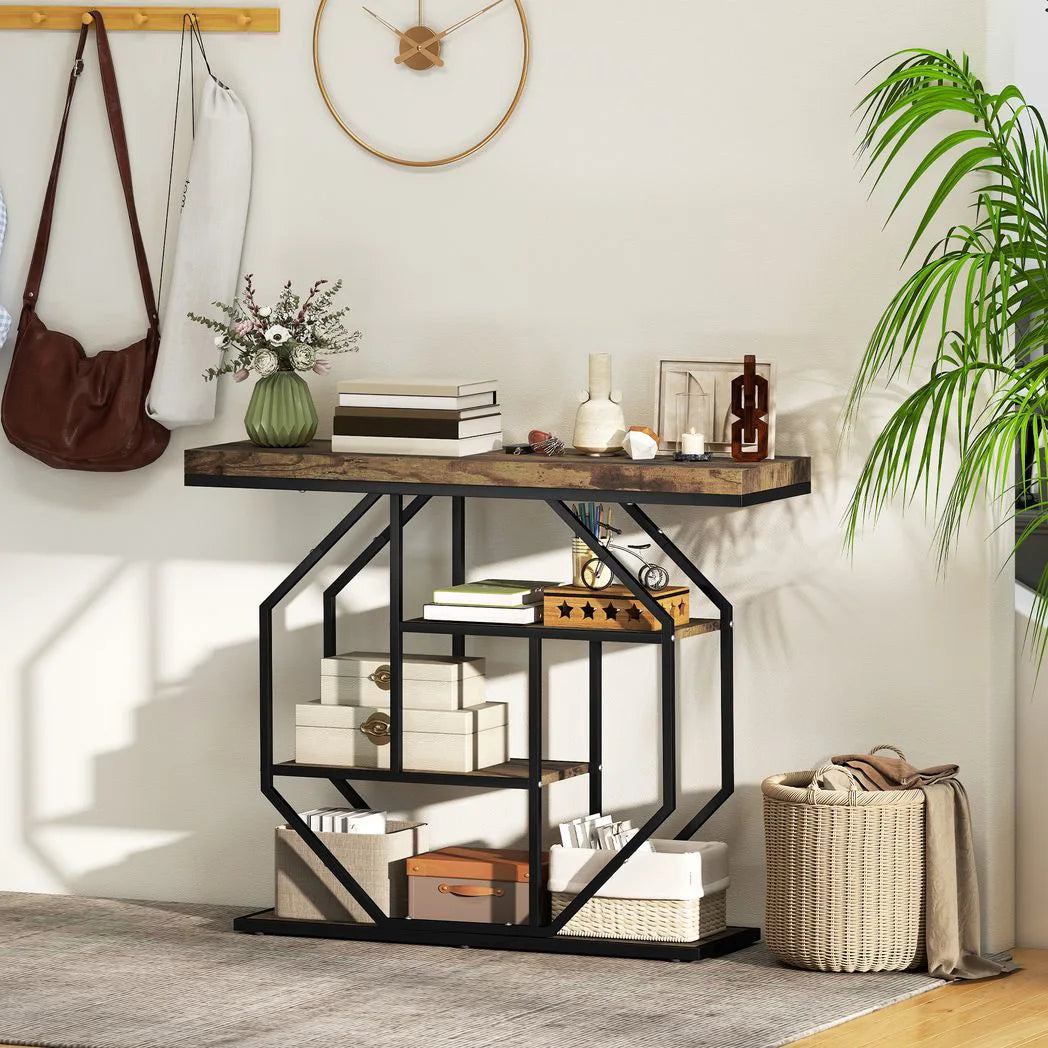 HOMCOM 4-Tier Industrial Console Table with Metal Frame – Entryway Hall Table, Rustic Brown