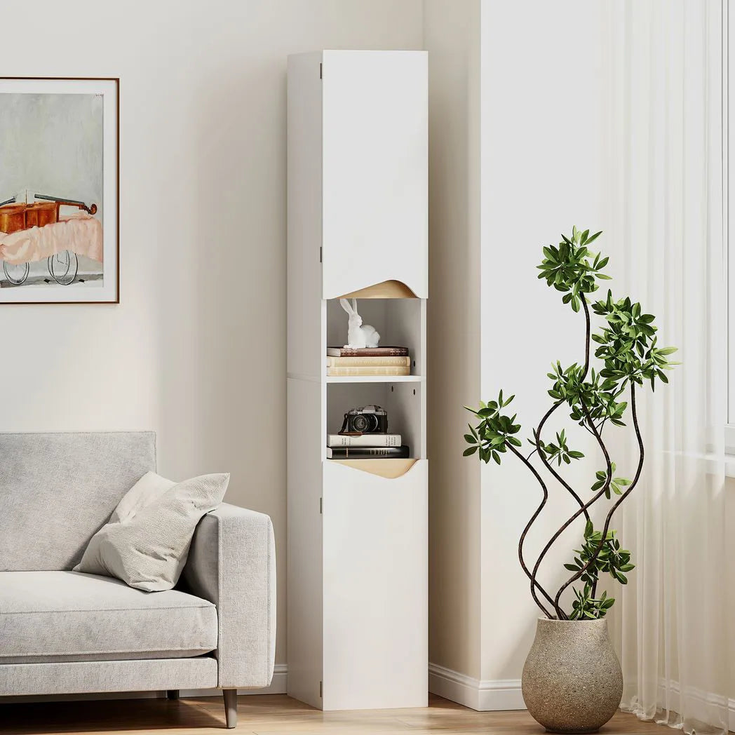 HOMCOM Tall Slim Bathroom Cabinet with 2 Doors and 2 Shelves – Space-Saving Storage, White and Natural Wood