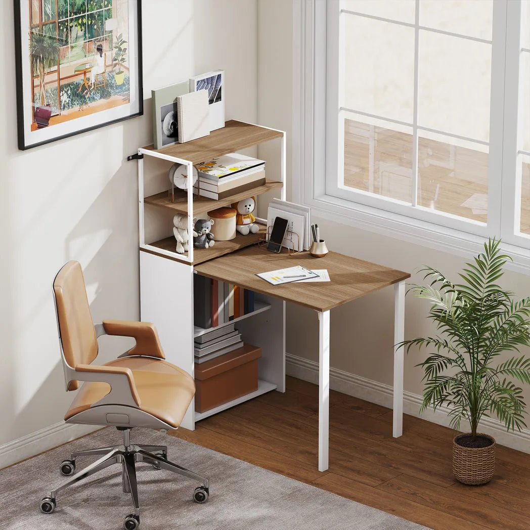 HOMCOM Folding Shelf and Work Table with 4 Tiers – 2-in-1 Bookshelf Desk for Small Spaces, Natural Wood Effect