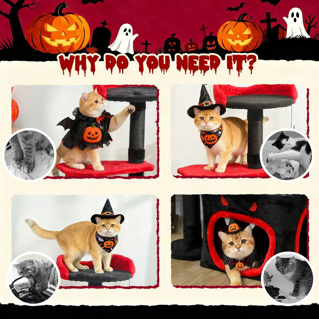 PawHut Gothic Halloween Cat Tree – 83cm Cat Tower with Sisal Scratching Posts, Condo, Coffin Platform, Bed and Spider Toy