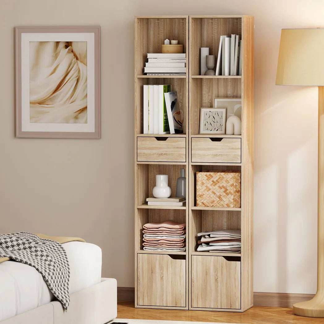 HOMCOM 6-Tier Tall Narrow Bookcase with Drawer, Cupboard and Anti-Tip Kit – Natural Wood Finish
