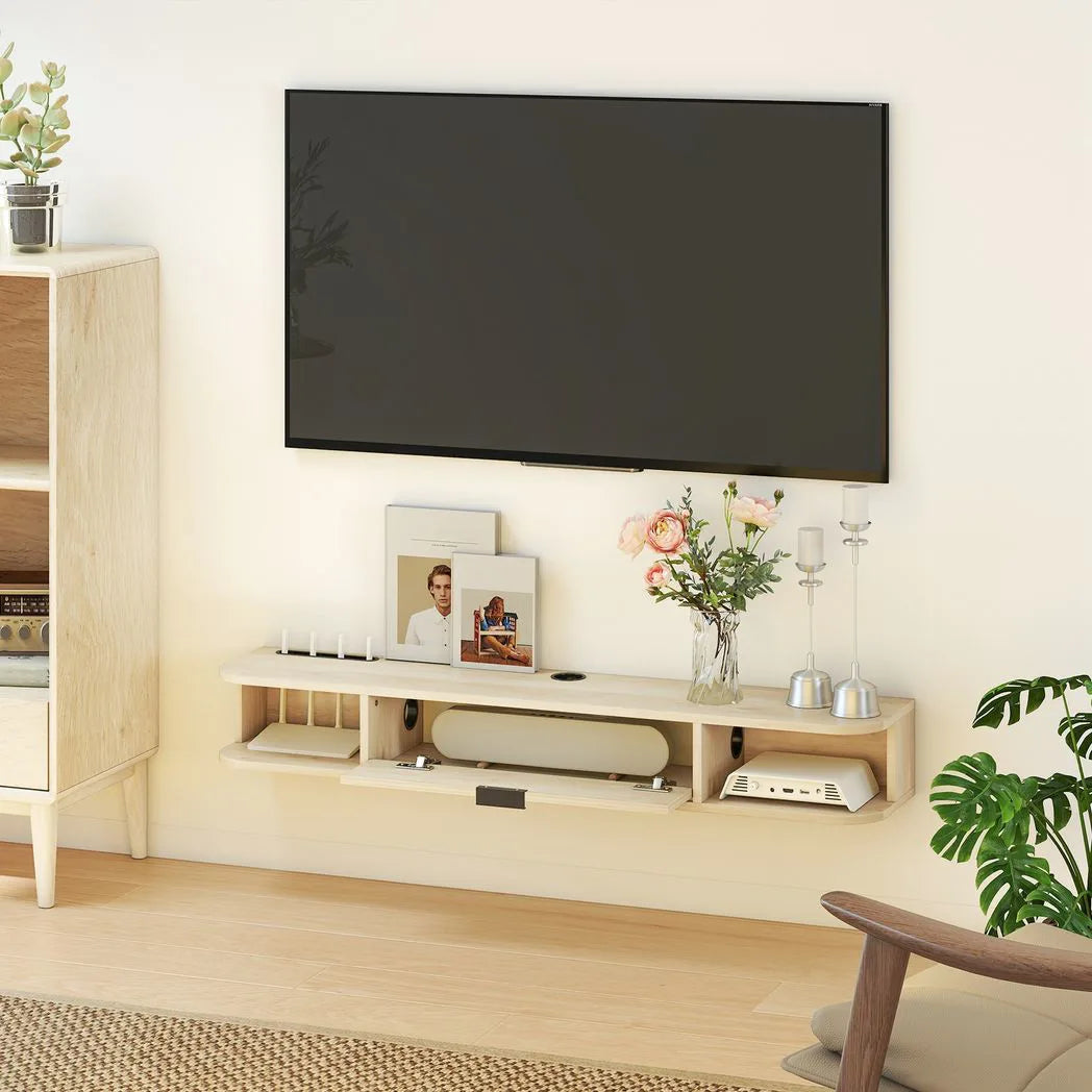 HOMCOM 120 cm Floating TV Unit with Flip Drawer & Cable Management – Wall Mounted for TVs up to 50 Inch, Natural