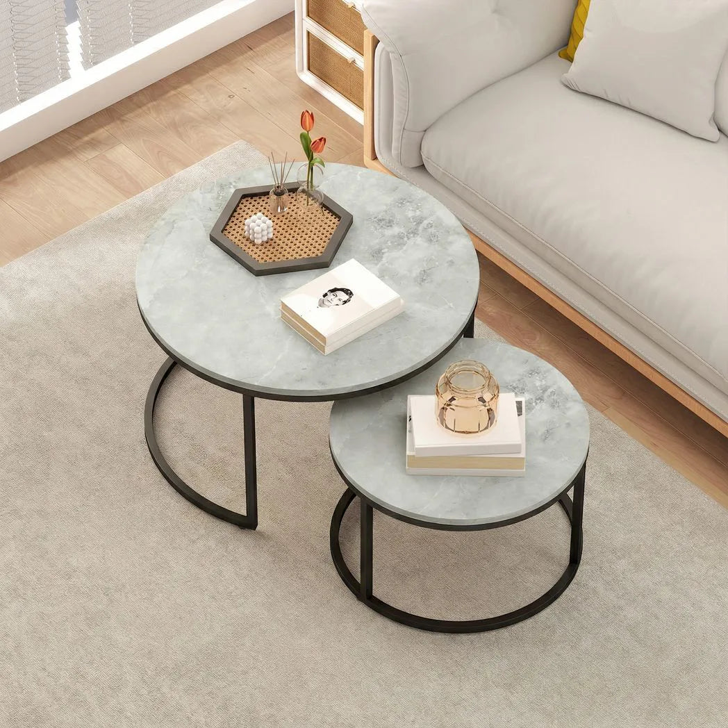 HOMCOM Set of 2 Round Nesting Coffee Tables with Marble-Effect Top & Steel Frame – Stacking Side Tables, Grey