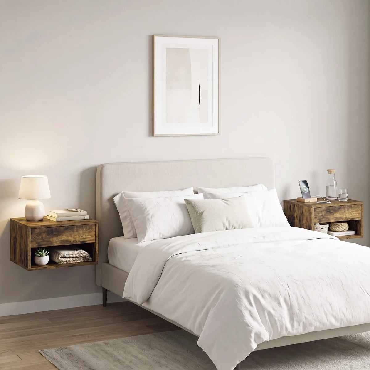 HOMCOM Set of 2 Floating Bedside Tables with Drawer and Open Shelf – Wall-Mounted Nightstands, Rustic Brown