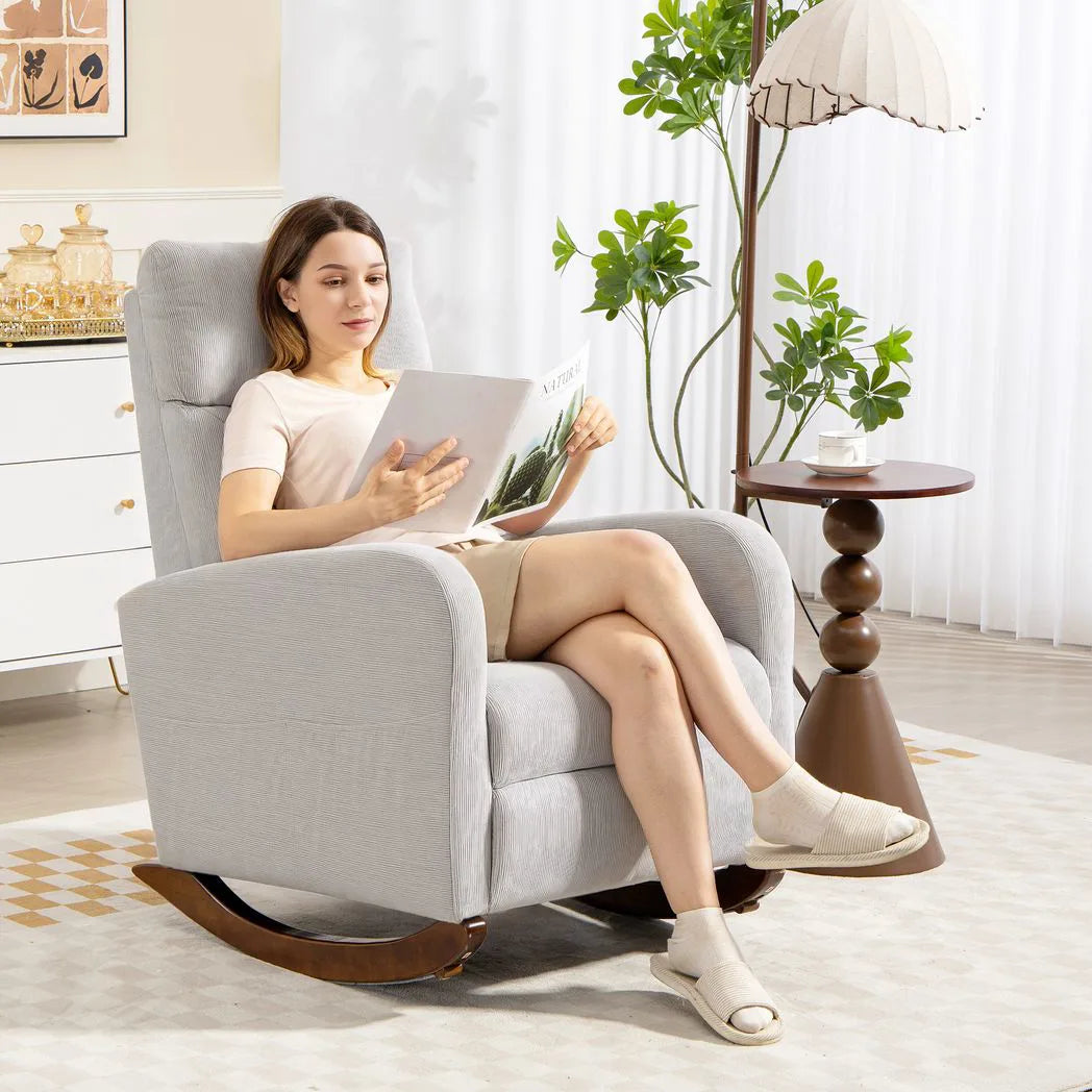 HOMCOM Corduroy Rocking Armchair with Thick Padding and Side Pockets – Relaxing Living Room Chair, Grey