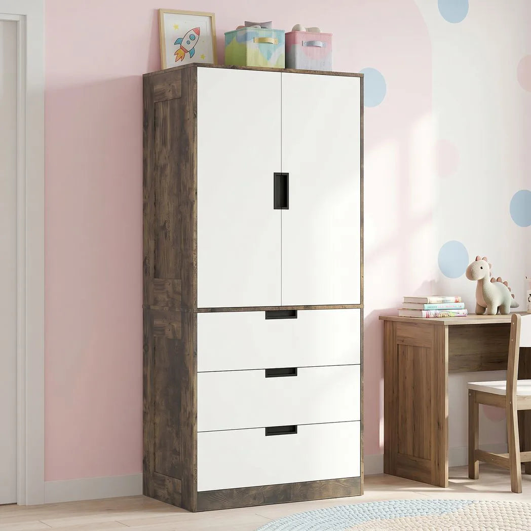 HOMCOM Wardrobe with 3 Drawers, 2 Soft-Close Doors & Hanging Rail – Space-Saving Storage, Rustic Brown