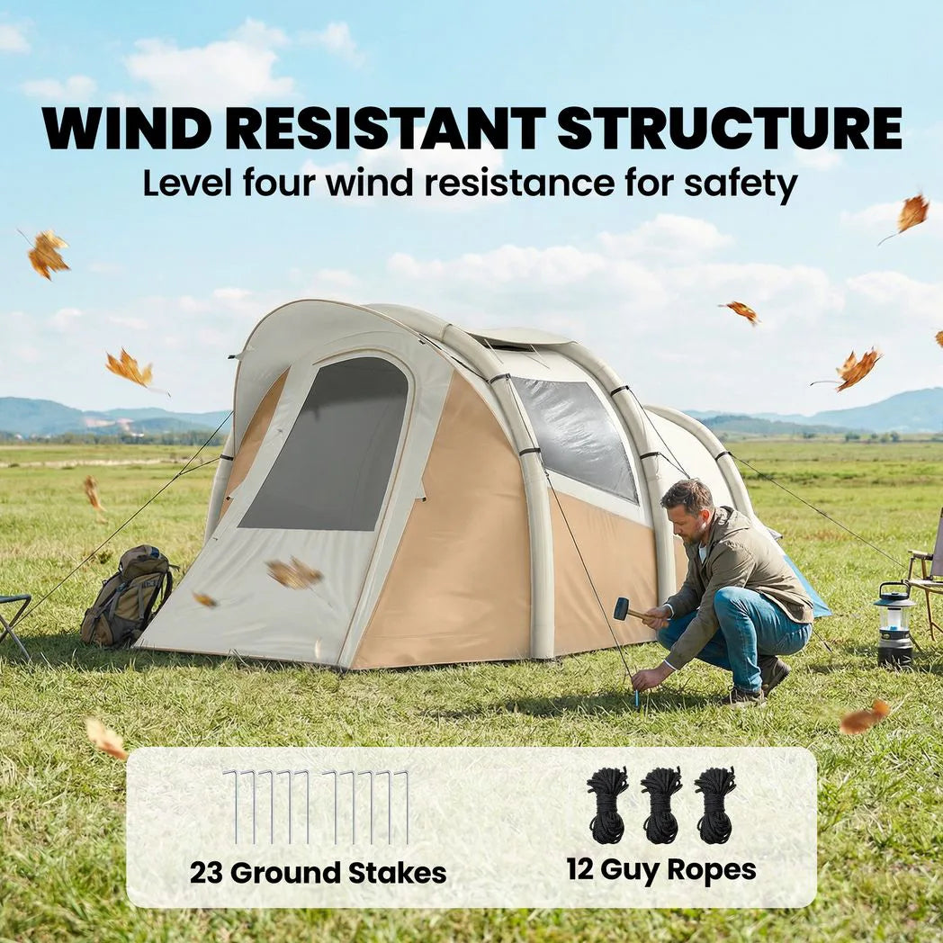 Outsunny 2-3 Person Inflatable Camping Tent with Air Pump, Bedroom & Living Room – Easy Setup Blow Up Tent, Khaki