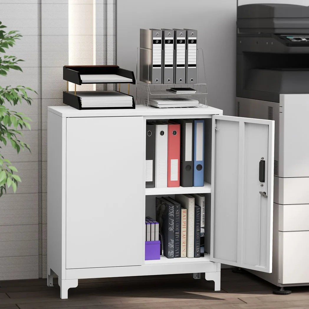 HOMCOM Lockable Metal Filing Cabinet with 2 Shelves, Double Doors & Anti-Tip Straps – Office Storage, White