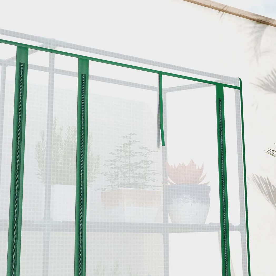 Outsunny Nine-Shelf Greenhouse with 3 Roll-Up Doors, Steel Frame & PE Cover – 46 x 215cm Portable Plant Shelf
