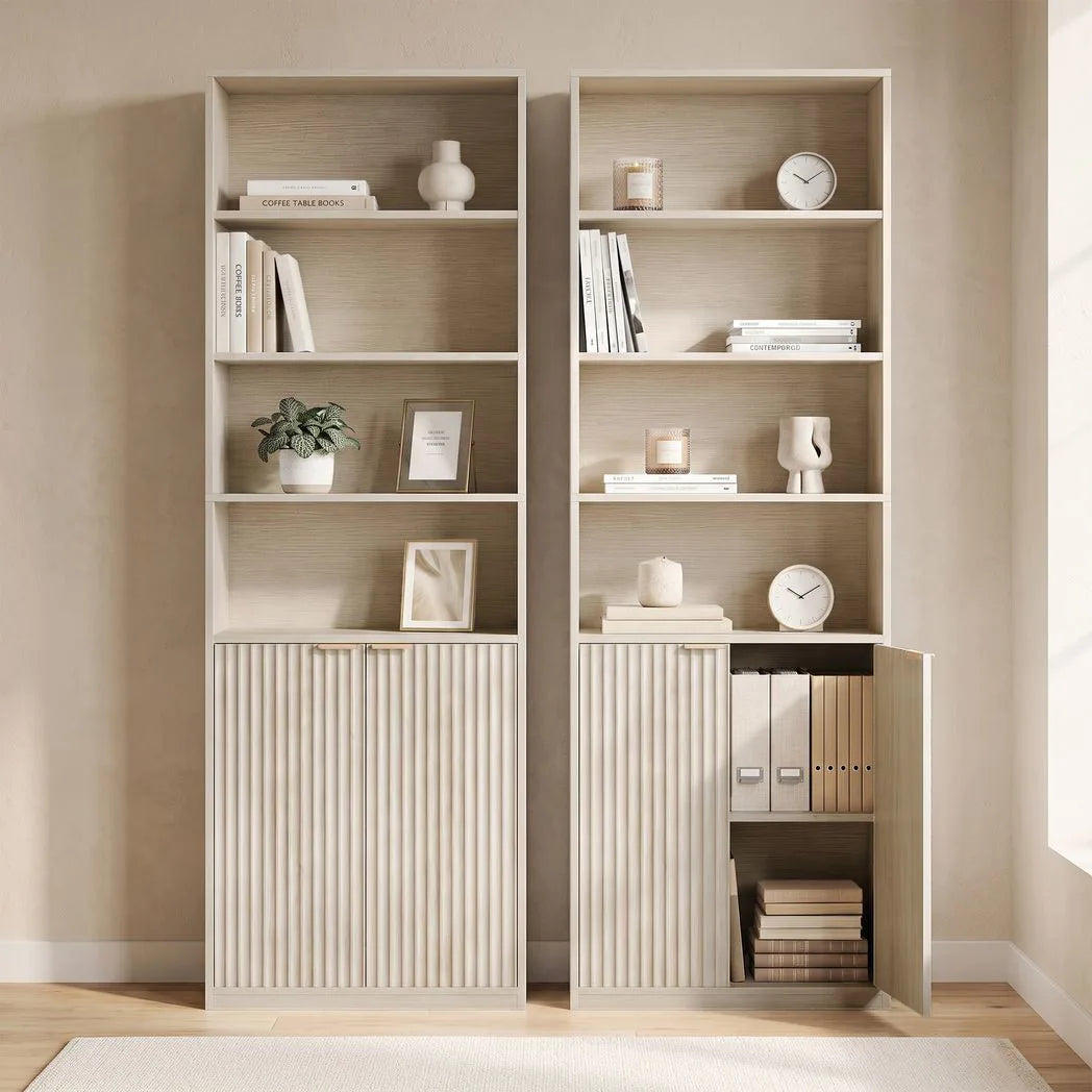 HOMCOM Slim Bookcase with Open Cubbies, Double-Door Cabinet & Adjustable Shelf – Anti-Tip Storage, Oak Wood Effect