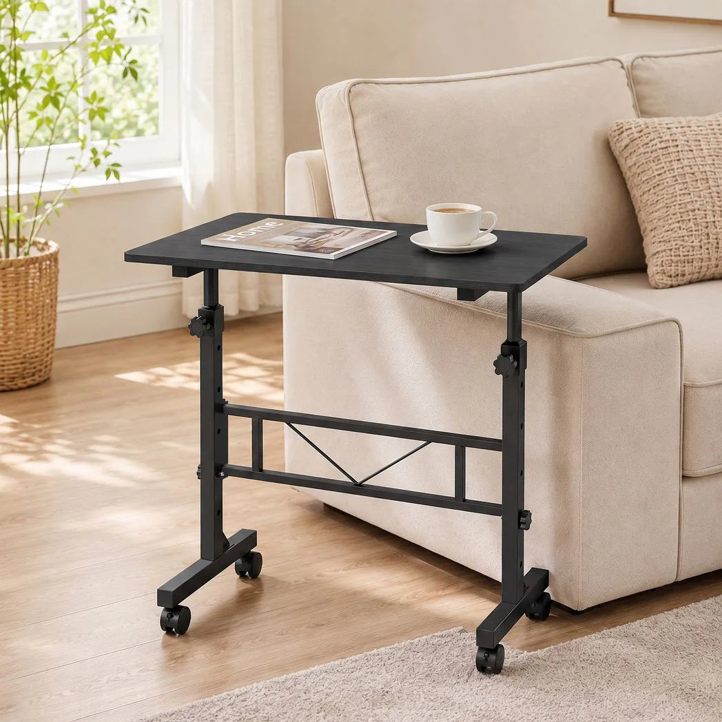 HOMCOM Overbed Table with Height Adjustment and Wheels, 80 x 40 cm – Sofa Side Table and Laptop Desk, Black