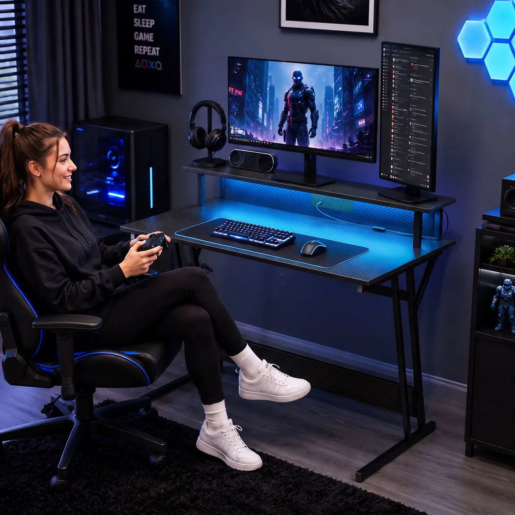 HOMCOM Two-Level LED Gaming Desk with Carbon Fibre Top, Power Outlets & USB Ports – Black Computer Desk