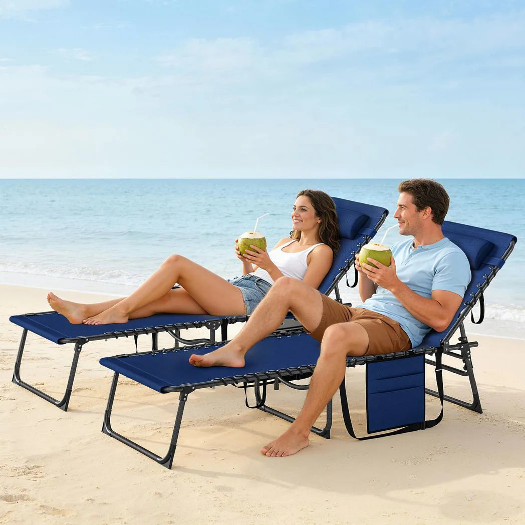 Outsunny Set of 2 Folding Sun Loungers, 5-Position Reclining with Pillow, Side Table and Pocket, Dark Blue
