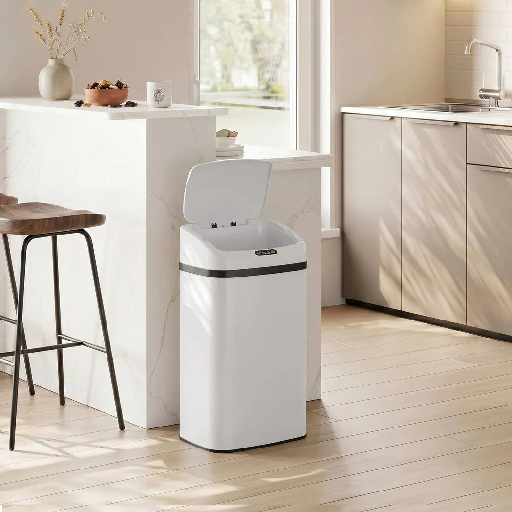 HOMCOM 48L Stainless Steel Sensor Bin with Soft-Close Lid – Hands-Free Kitchen Waste Bin, White