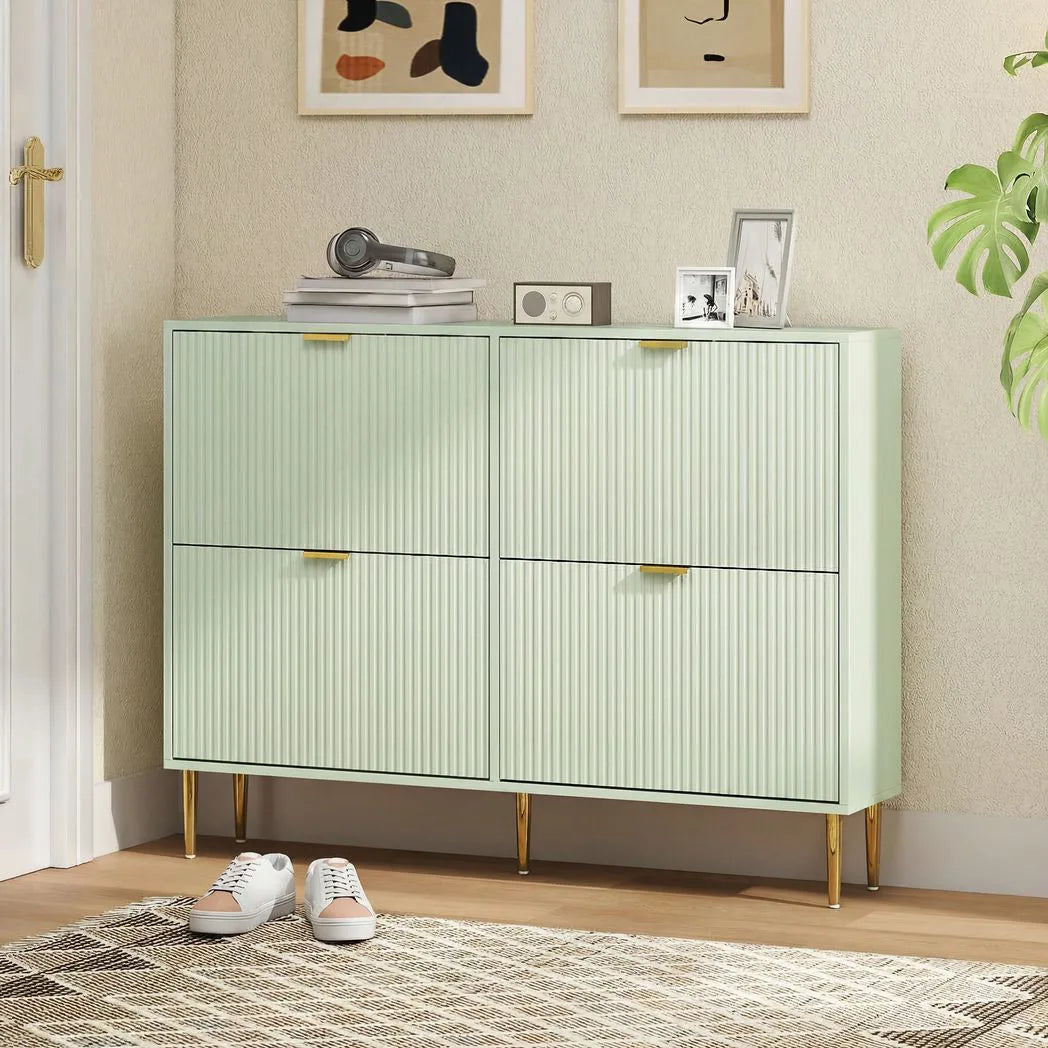 HOMCOM Slim 4-Drawer Shoe Cabinet with Ridged Doors and Gold Accents – Holds 10–20 Pairs, Light Green