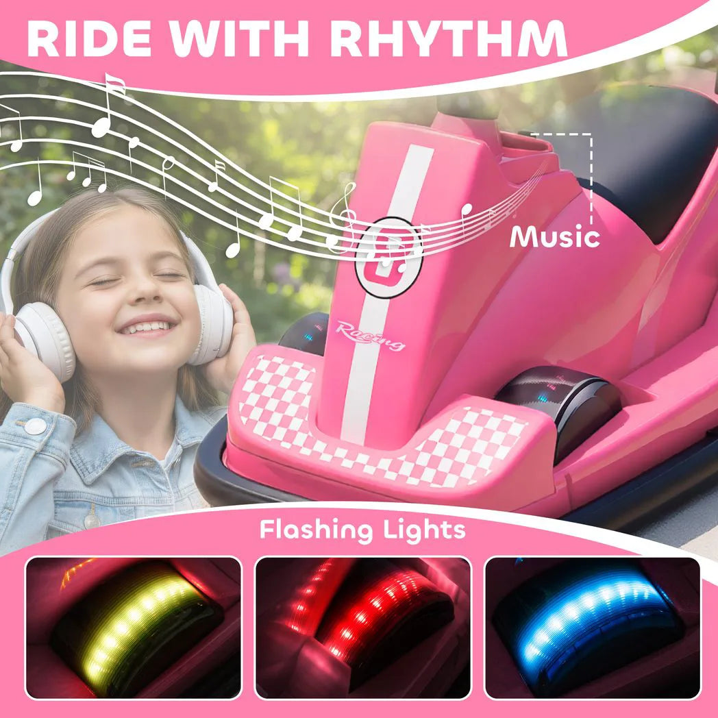 AIYAPLAY Kids Electric Bumper Car with 360° Spin, LED Lights and Music – Ride On Waltzer for Ages 3-8, Pink