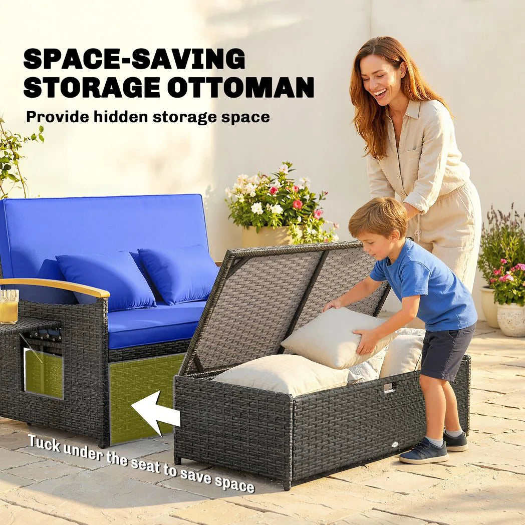 Outsunny Double Rattan Garden Daybed with Storage Ottoman – 3-in-1 Sun Lounger with Adjustable Backrest and Side Tables, Brown