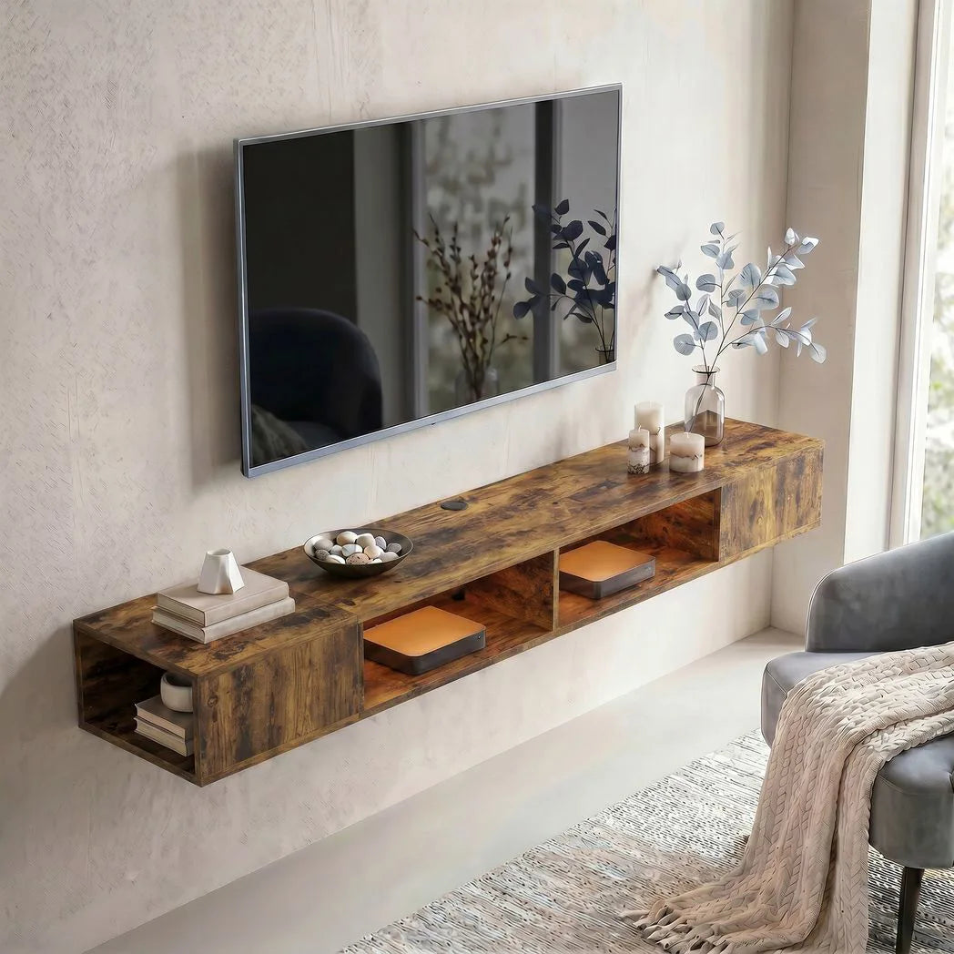 HOMCOM Wall-Mounted TV Stand with RGB LED Lights for TVs up to 75 Inch – Floating Entertainment Unit, Brown