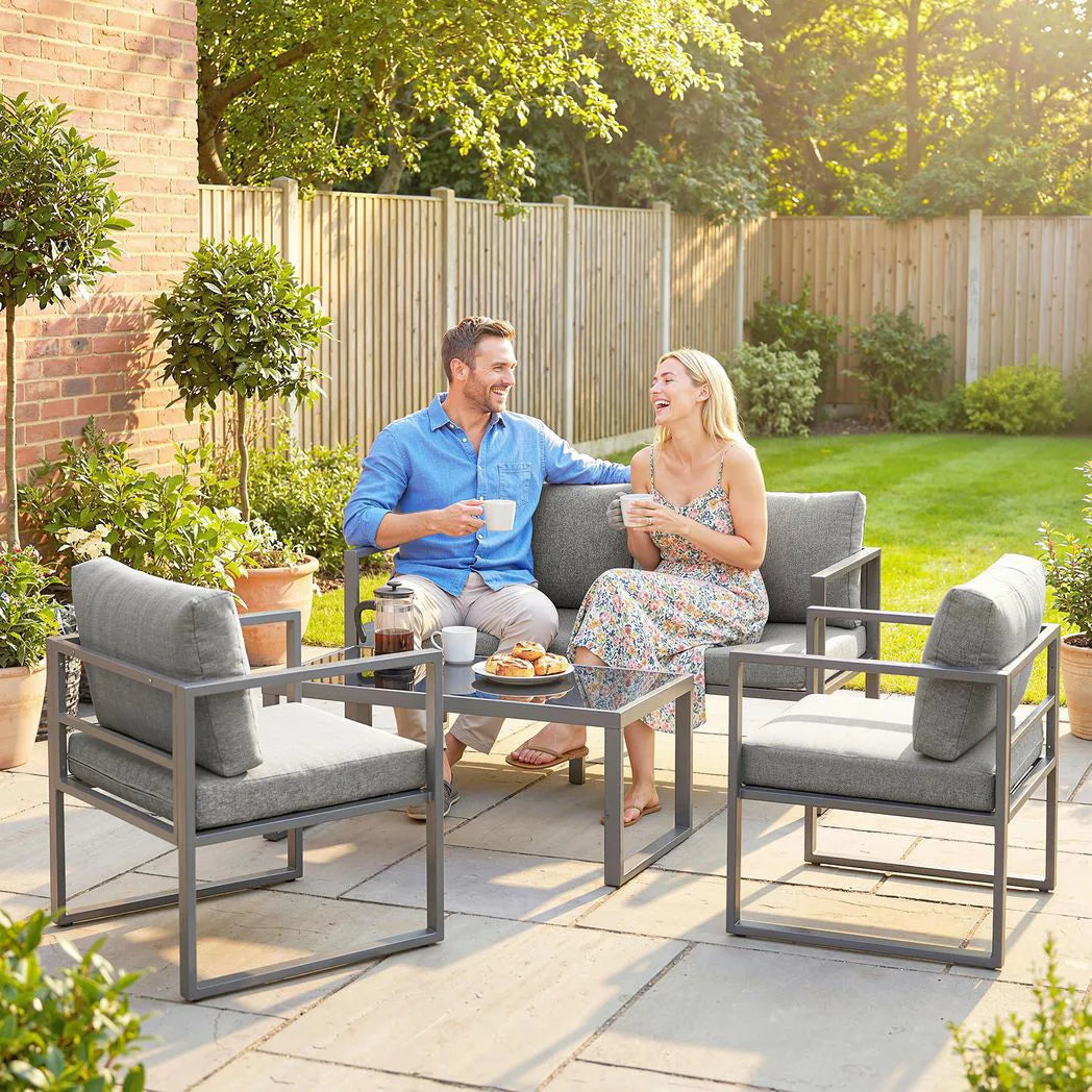 Outsunny 4 Piece Garden Furniture Set with 3-Seater Sofa, 2 Armchairs & Glass Coffee Table – Aluminium Patio Lounge