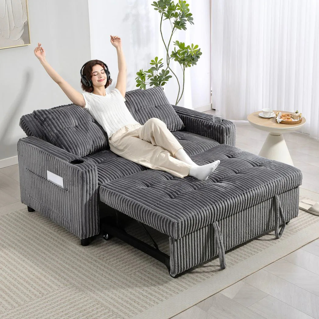 HOMCOM 2 Seater Click Clack Sofa Bed with Pull-Out Design & Cup Holders – Corduroy Upholstery, Charcoal Grey