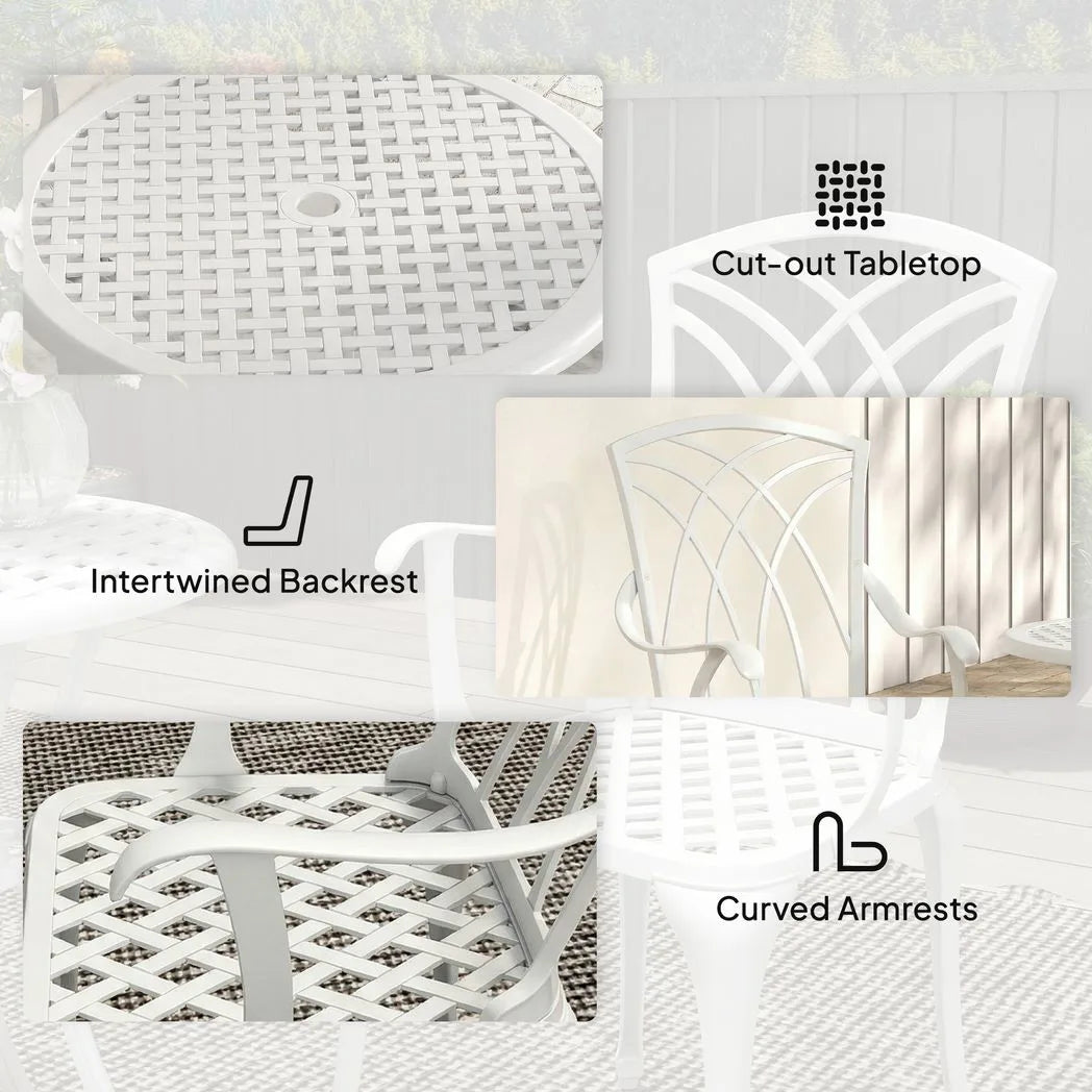 Outsunny 3 Piece Cast Aluminium Garden Bistro Set with 2 Chairs and Round Table with Parasol Hole, White