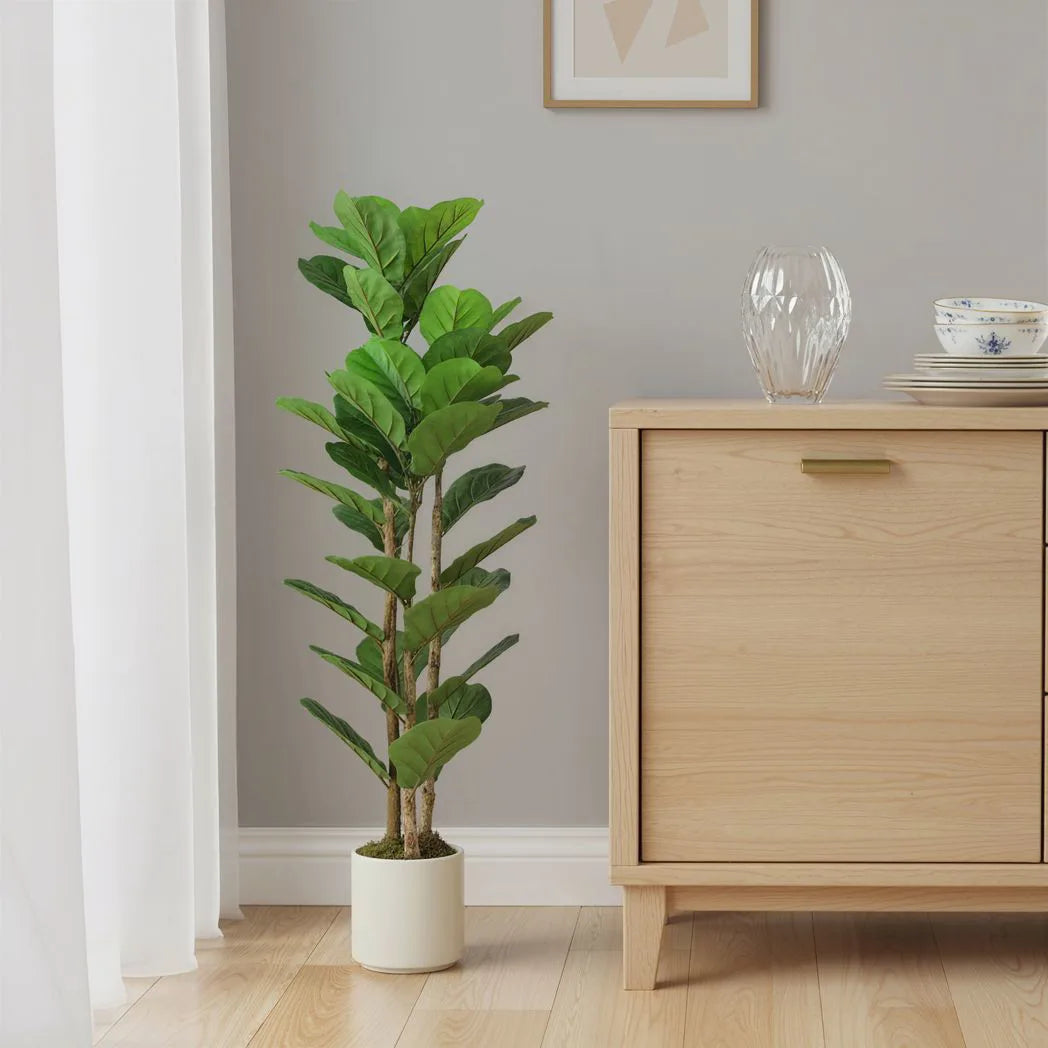 HOMCOM 120cm Artificial Fiddle Leaf Fig Tree with White Pot – Lifelike Faux Plant for Home & Office, Green