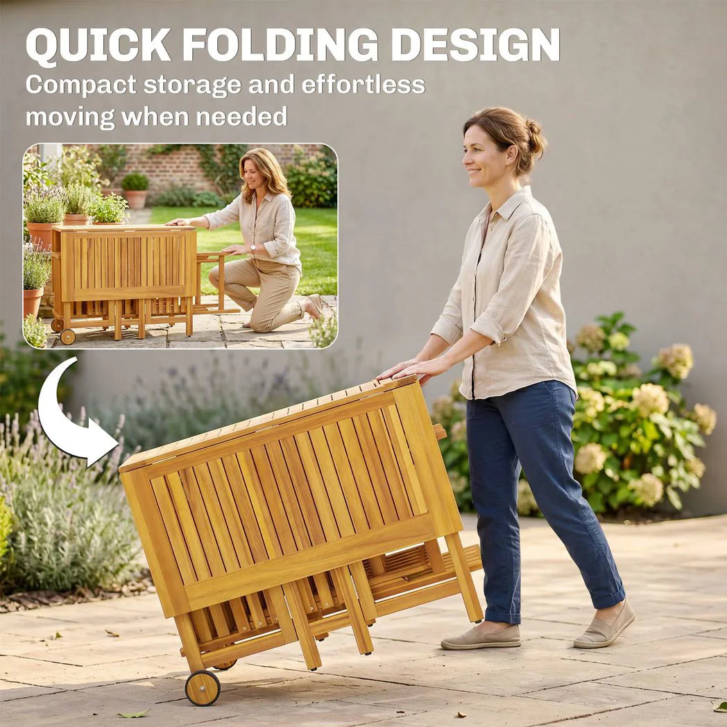 Outsunny 7-Piece Garden Dining Set, Extending Table & 6 Folding Chairs – Acacia Wood, Umbrella Hole