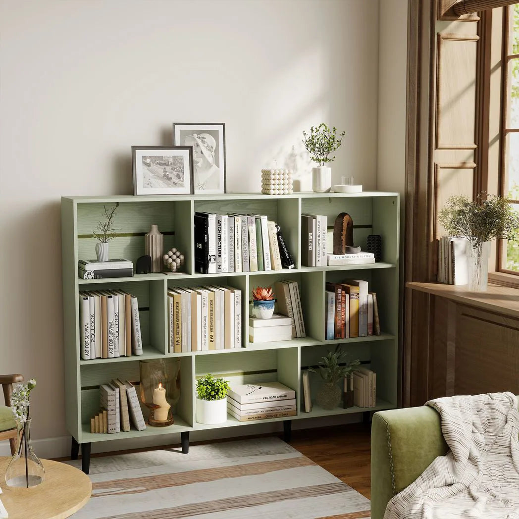 HOMCOM 10-Cube Bookcase with Solid Pine Legs & Anti-Tip Kit – 140 cm Nordic Bookshelf, Light Green