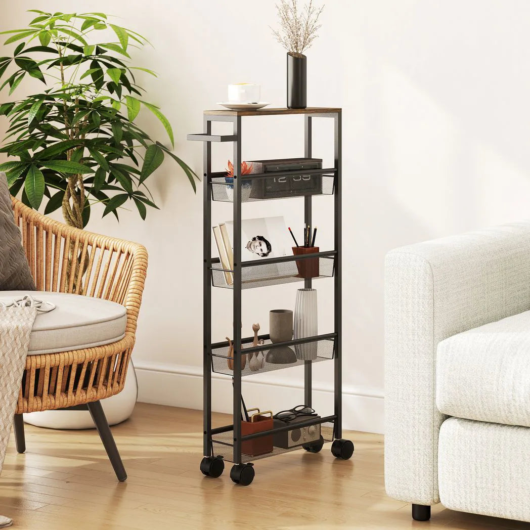 HOMCOM Slim 5-Tier Storage Trolley with Wood-Effect Top, 4 Mesh Baskets and Swivel Wheels – Kitchen Cart, Black