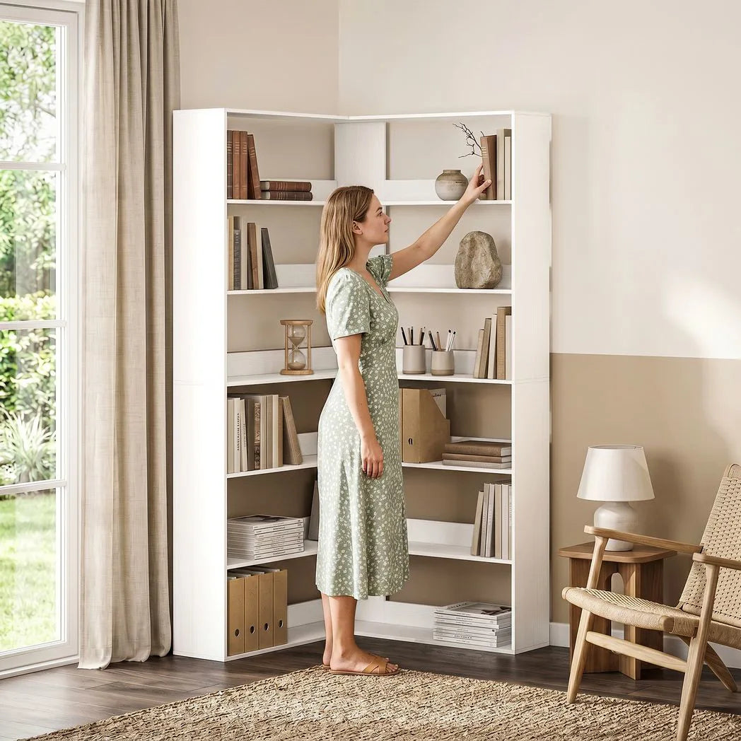 HOMCOM 7-Tier L-Shaped Corner Bookcase with Rear Guards and Anti-Tip Hardware – Bookshelf, White Wood Effect