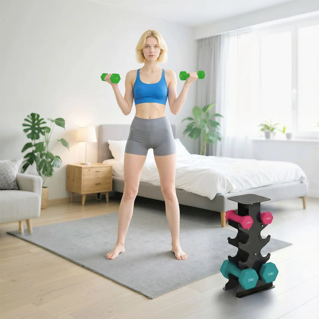 SPORTNOW Hex Dumbbell Set with Storage Rack, 18kg Total (2 x 1kg, 2 x 3kg, 2 x 5kg) – Non-Slip Hand Weights