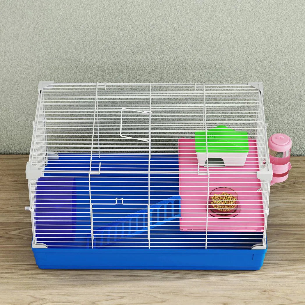PawHut 2-Tier Portable Hamster Cage Starter Kit with Handle, Exercise Wheel, Water Bottle & Dishes – Blue