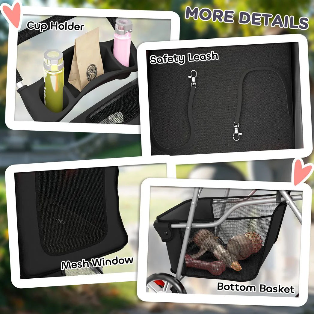 PawHut Foldable Dog Pram with Reflective Strips and 360° Swivel Wheels – Pet and Cat Stroller, Black