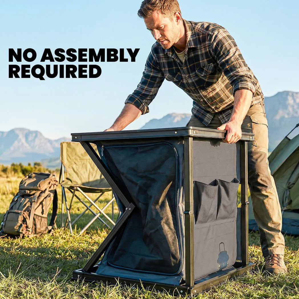 Outsunny Folding Camping Kitchen Cupboard with 3-Tier Storage and Adjustable Feet – Aluminium, Black
