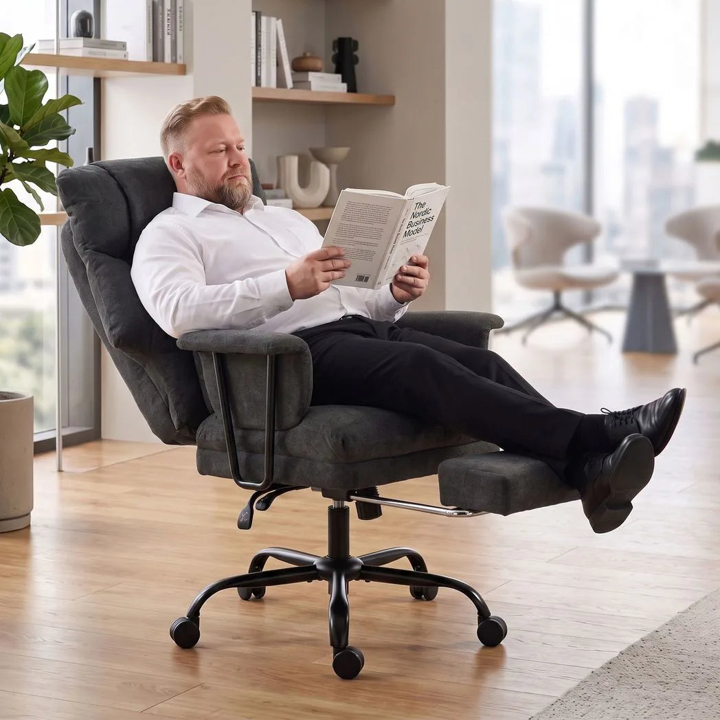 HOMCOM Heavy Duty Office Chair with Lumbar Support, Spring Cushion and Footrest, 180kg – Reclining Linen Desk Chair, Black